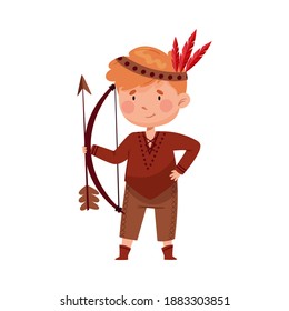 Cute Boy in Ethnic Indian Costume Holding Bow and Arrow Vector Illustration