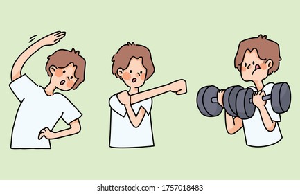 niño lindo ejercicio trabajo saludable estirando actividades de dibujos animados lindos