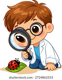 Menino bonito explorando a natureza com uma lupa, simbolizando curiosidade e aprendizagem.