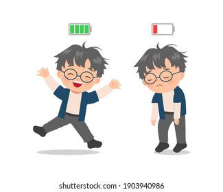 Cute boy express excited vs tired mood with battery indicator. Flat vector cartoon style