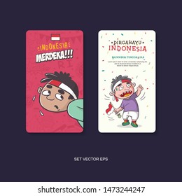 cute boy expression and flag illustration for card or poster, vector design, merdeka mean victorious, dirgahayu mean celebration, bhinneka tunggal ika mean unity in diversity