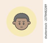 Cute boy face afro avatar with cheeks, curly black hair, closed mouth, disappointed mood, and circular yellow background filled iconic vector line art
