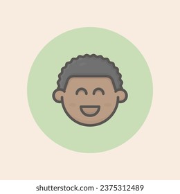 Cute boy face afro avatar with cheeks, curly black hair, smiling open mouth, delighted mood, and circular green background filled iconic vector line art.