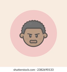 Cute boy face afro avatar with cheeks, curly black hair, open mouth, angry mood and circular red background filled iconic vector line art