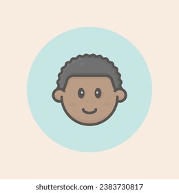 Cute boy face afro avatar with cheeks, curly black hair, funny mouth, happy mood and circular blue background filled iconic vector line art