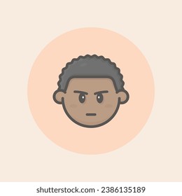 Cute boy face afro avatar with cheeks, curly black hair, funny mouth, annoyed mood and circular orange background filled iconic vector line art