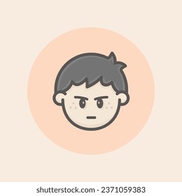 Cute Boy Face Avatar with freckles, black hair, annoyed mood and orange background filled iconic vector line art