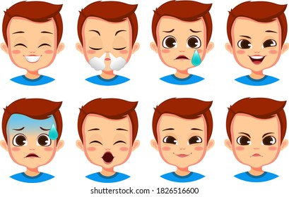 cute boy face expression set 
