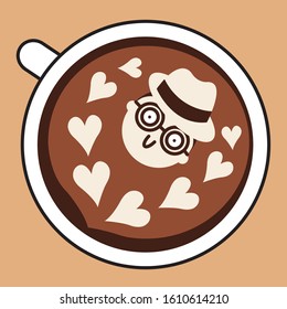 Cute Boy Face With Heart On Coffee. Coffee Art On Latte Concept Card Character illustration
