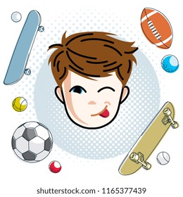Cute boy face, human head. Vector redhead character making funny grimace, winking toddler face features, sport and entertainment clipart.