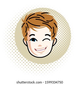 Cute boy face, human head. Vector redhead character winking, positive toddler face features.