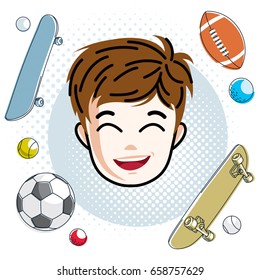 Cute boy face, human head. Vector redhead character, smiling toddler face features, sport and entertainment clipart.