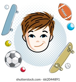 Cute boy face, human head. Vector redhead character, smiling toddler face features, sport and entertainment clipart.