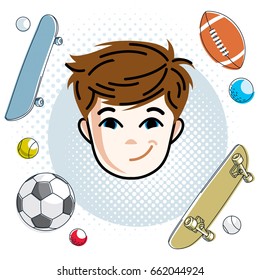 Cute boy face, human head. Vector redhead character, smiling toddler face features, sport and entertainment clipart.