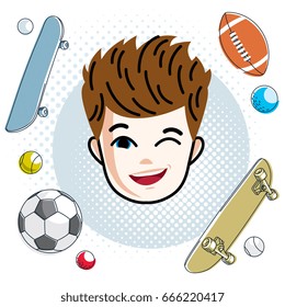 Cute boy face, human head. Vector redhead character, winking toddler face features, sport and entertainment clipart.