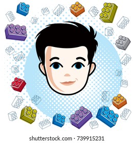 Cute boy face, human head. Vector brunet character, toddler face features, clipart.