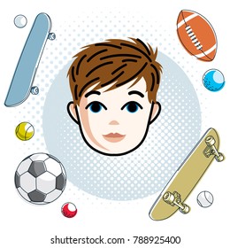 Cute boy face, human head. Vector redhead character, toddler face features, sport and entertainment clipart.