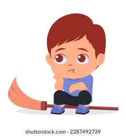 Cute boy face pouting while sweeping
