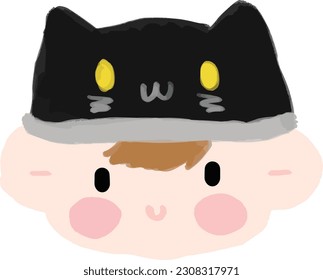 Cute boy face wearing black hat with cat image. hand drawing cartoon, oil pastel drawing.