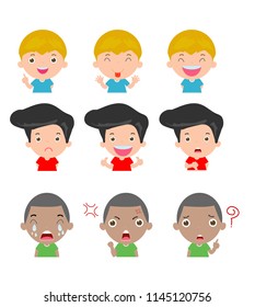 cute boy faces showing different emotions,Set of children expressions on white background, Expression set of kids,vector Illustration 
