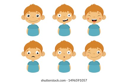 Cute Boy Facial Emotions Set, Kids Face with Different Expressions, Boy Showing Moods Variety Vector Illustration