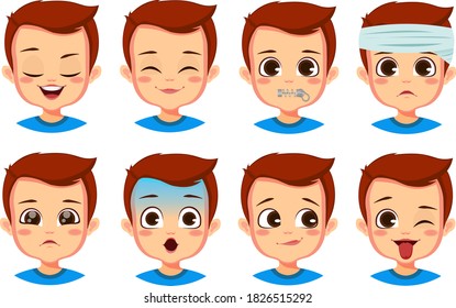 cute boy facial gestures set premium Vector