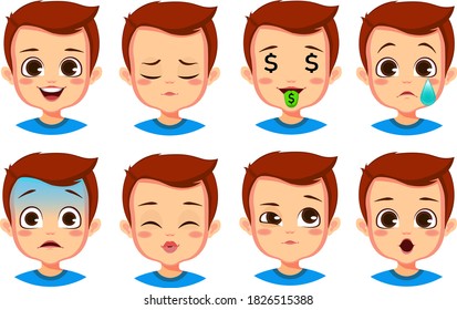 cute boy facial gestures set premium Vector