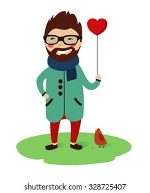 cute boy fall in love, with a heart balloon and a little bird on a grass, macho man, lover, hipster,character design, vector illustration