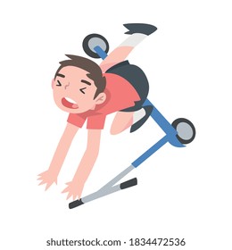 Cute Boy Falling from Kick Scooter, Traumatic Accident, Health Risk, Pain, Injury Cartoon Style Vector Illustration