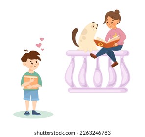 Cute boy falling in love with girl flat vector illustration. Cartoon female character on balcony reading book to cat while boy looking on white background. First love, date, Valentines day concept