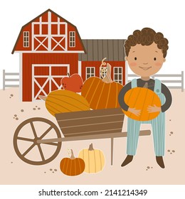 Cute boy farmer with cart, pumpkins and farm house. Autumn harvest hand drawn vector illustration.