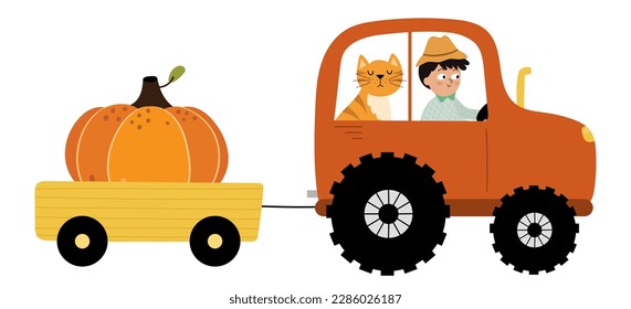 Cute boy farmer driving a tractor with a cat. Farm transport carrying a pumpkin with funny characters isolated on white background. Vector illustration