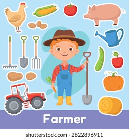 Cute boy farmer with farm animals and agriculture equipment set. Vector cartoon illustration of child gardener with shovel, carrot, red tractor, chicken, pig, vegetables, tools, and hay bale. Isolated design elements.