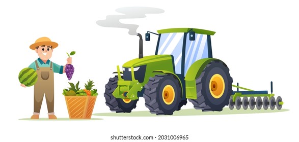 Cute boy farmer with fresh fruits and tractor in cartoon style. Harvest farmer illustration