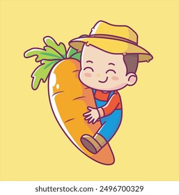 Cute boy farmer hugging big growing carrot Cartoon Vector mascot Illustration People nature Icon Isolated