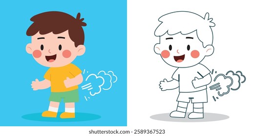 A cute boy fart Stomachache Flat Illustration For education design element or coloring book