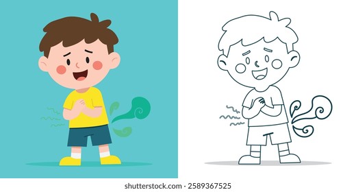 A cute boy fart Stomachache Flat Illustration For education design element or coloring book