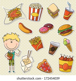 Cute Boy With Fast Food Sticker Set