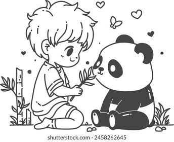 Cute Boy Feeding a Panda with Bamboo Leaves - Coloring page for children. Hand drawing vector illustration in black outline on a white background.