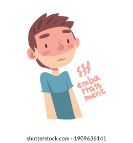 Cute Boy Feeling Embarrassment, Child Feelings and Emotions Cartoon Style Vector Illustration