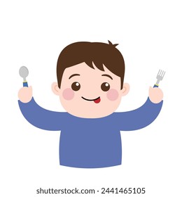 Niño lindo que siente hambre con cuchara y tenedor