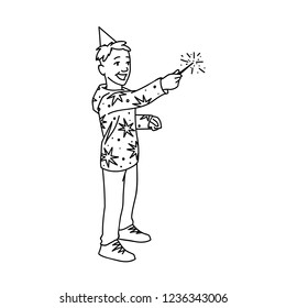 Cute boy in festive cup holds sparkler in his hand. Black lines isolated on white background. Concept. Vector illustration of happy little boy with magic wand. Simple line art style. Hand drawn sketch