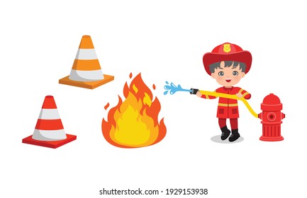 Cute Boy In Fire Fighter Uniform Extinguish Flame With Water Hose. Flat Vector Cartoon Design Isolated