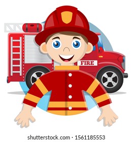 Cute boy firefighter. Isolated on white background. Vector illustration. 