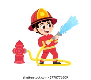 Cute Boy Firefighter Spraying Fire Hydrant Water Action Cartoon Vector