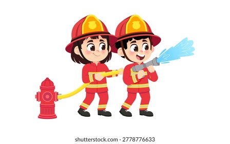 Cute Boy Firefighter Spraying Water Hydrant Cartoon Vector Illustration