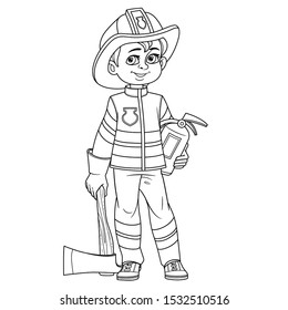 Cute boy in firefighter suit in helmet with an ax and a fire extinguisher outlined for coloring page