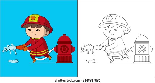 Cute boy firefighter suitable for children's coloring page vector illustration