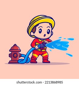 Cute Boy Firefighter with Water Hose Cartoon Vector Icon Illustration People Profession Icon Concept Isolated Premium Vector. Flat Cartoon Style