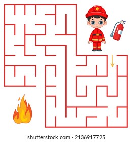 A cute boy fireman and fire extinguisher is going to put out the fire and is looking for a way out of the maze. Find a way out of the maze. Educational game for children. Cartoon vector illustration.